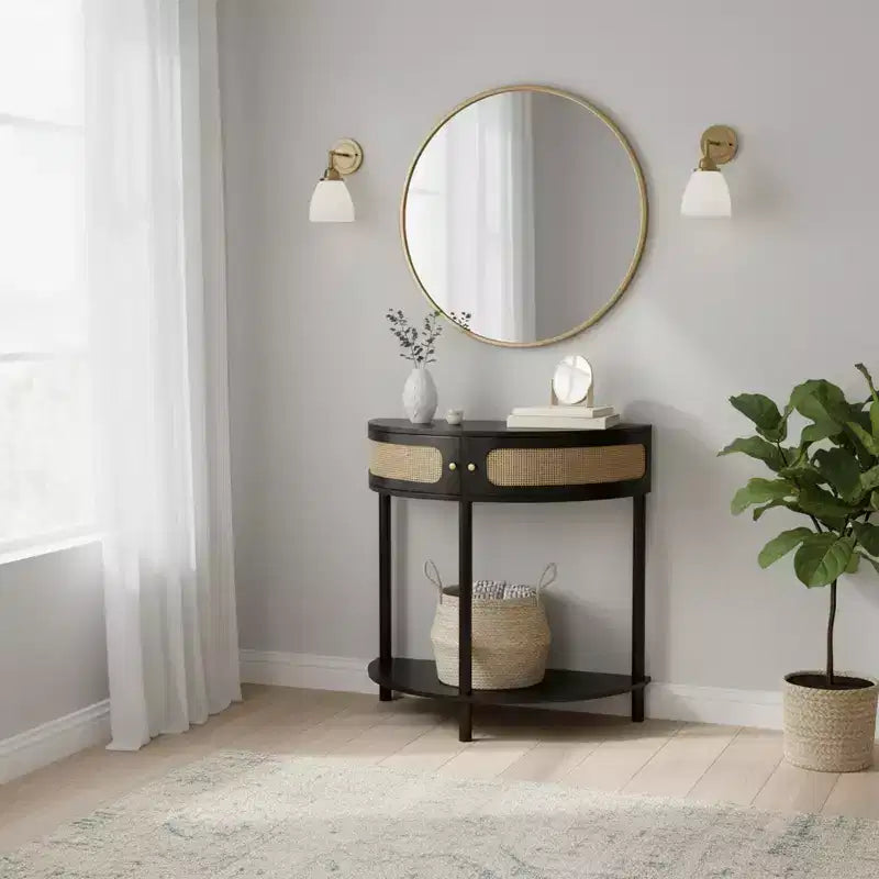 Consolle da Ingresso a Mezzaluna con Frontale in Rattan, Piano in MDF e Gambe in Legno Massello, 80 cm, Cassetto Contenitore
