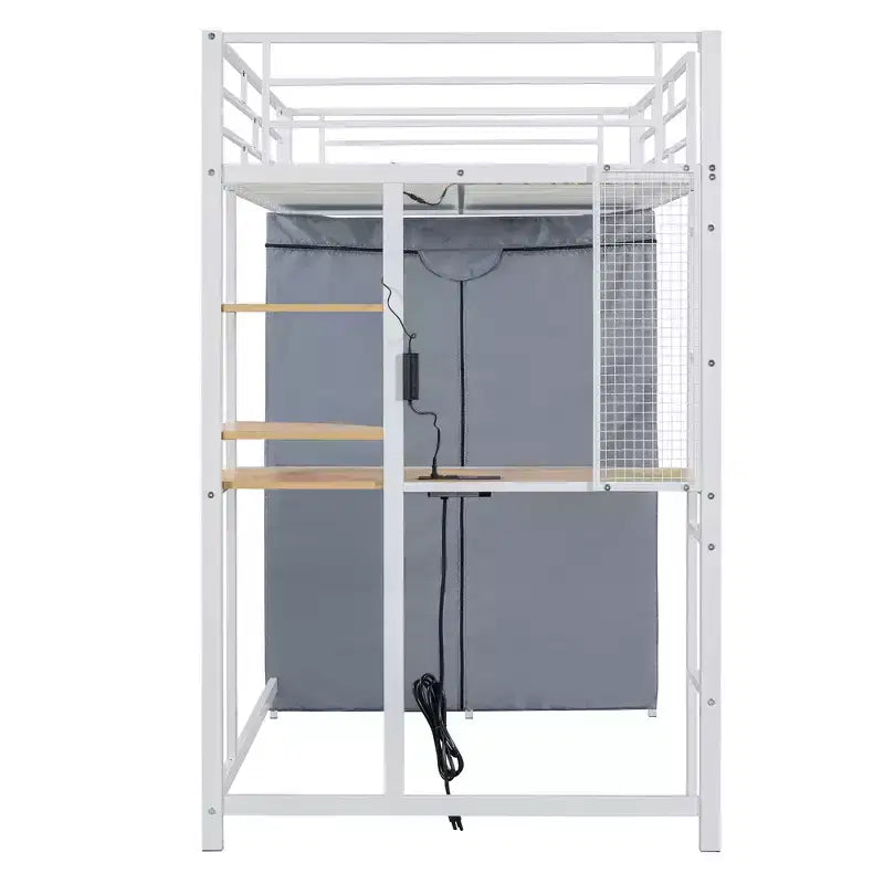 Letto a soppalco in metallo con scrivania integrata, mensole, presa elettrica, luce a LED e guardaroba, singolo/matrimoniale