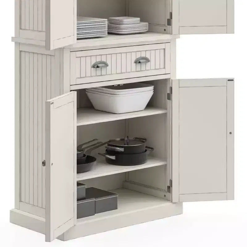 Mobile dispensa nautico da cucina costiera, bianco sporco, struttura in legno massello, ripiani regolabili, H 183 cm