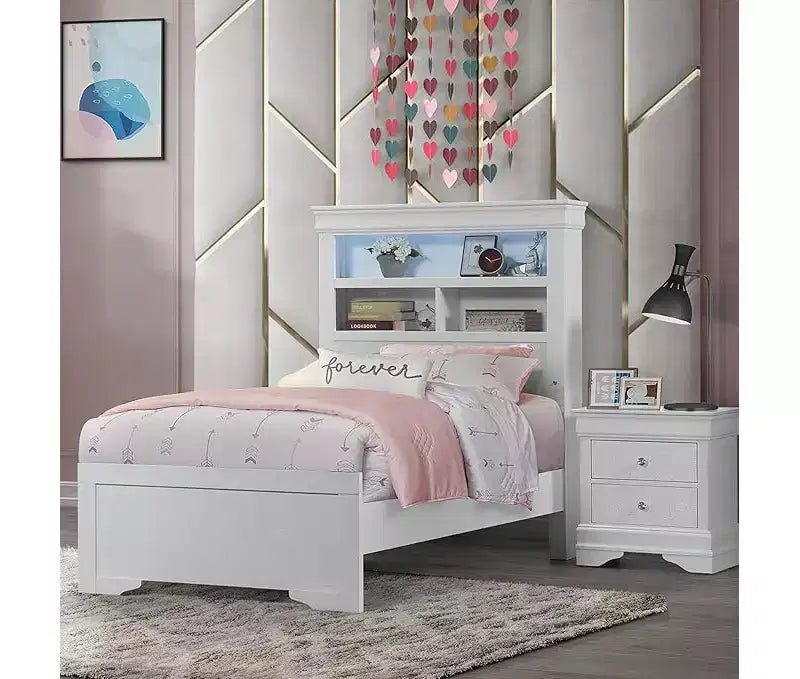 Telaio letto matrimoniale in metallo da 142 cm con testiera a libreria, bianco