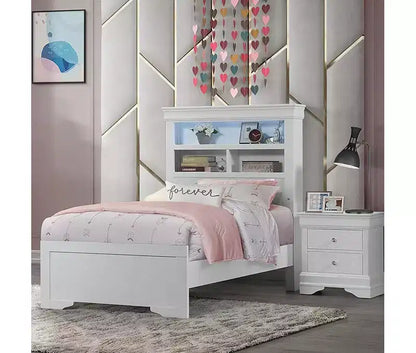 Telaio letto matrimoniale in metallo da 142 cm con testiera a libreria, bianco