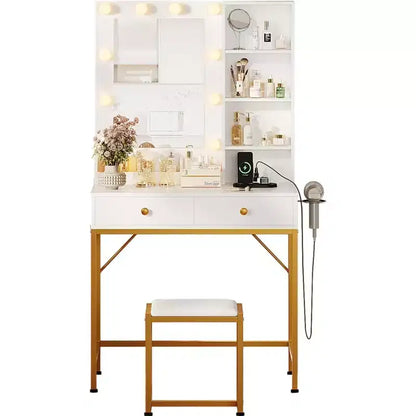Small Makeup Vanity Desk with Mirror & Lights - 2 Drawers, Stool, Power Outlet & Open Shelves, Compact Vanity Table for Bedroom