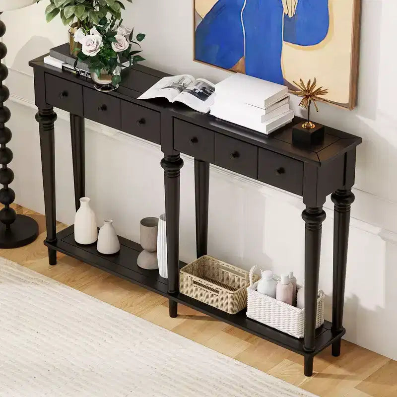 Consolle da Ingresso Retrò da 152 cm con 4 Cassetti e Ripiani Aperti, Tavolo da Corridoio, Nero