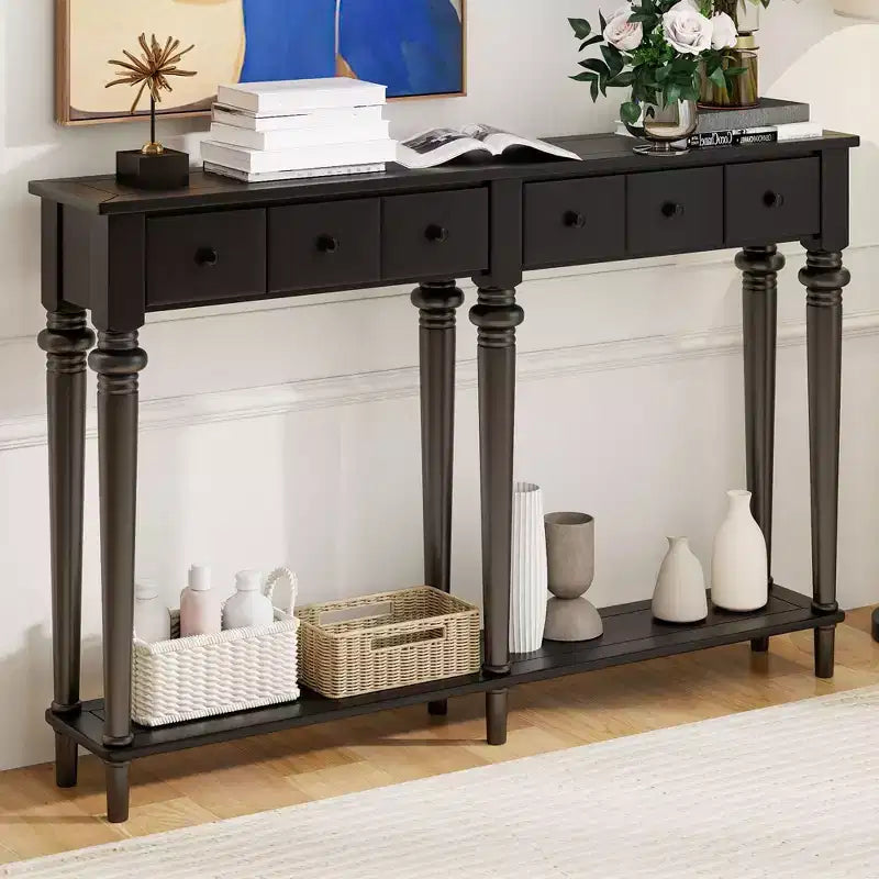Consolle da Ingresso Retrò da 152 cm con 4 Cassetti e Ripiani Aperti, Tavolo da Corridoio, Nero
