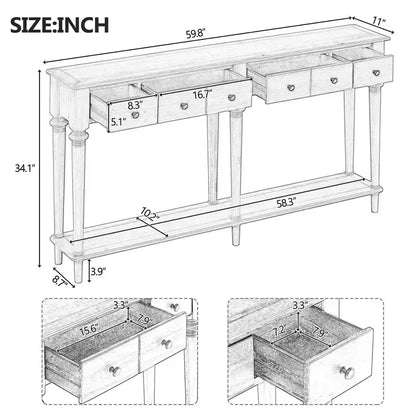 Consolle da Ingresso Retrò da 152 cm con 4 Cassetti e Ripiani Aperti, Tavolo da Corridoio, Nero
