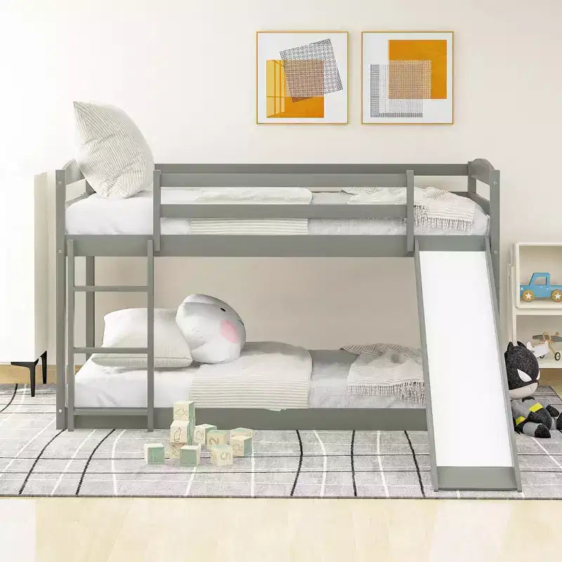 Letto a castello singolo-su-singolo da 201 cm con scaletta, scivolo e sponda di sicurezza, Struttura letto per bambini, Grigio