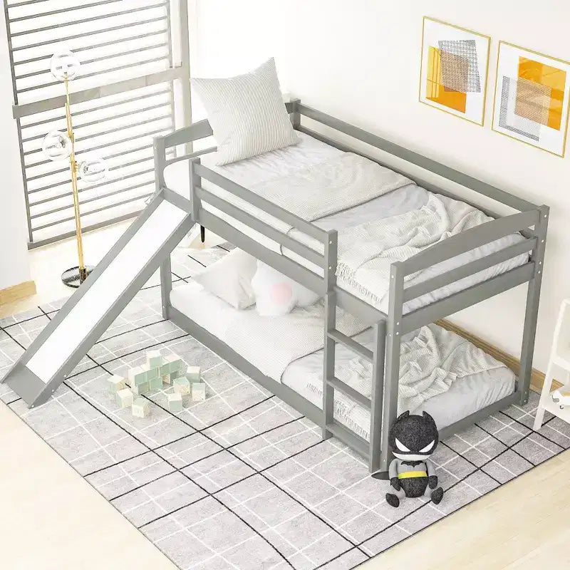 Letto a castello singolo-su-singolo da 201 cm con scaletta, scivolo e sponda di sicurezza, Struttura letto per bambini, Grigio