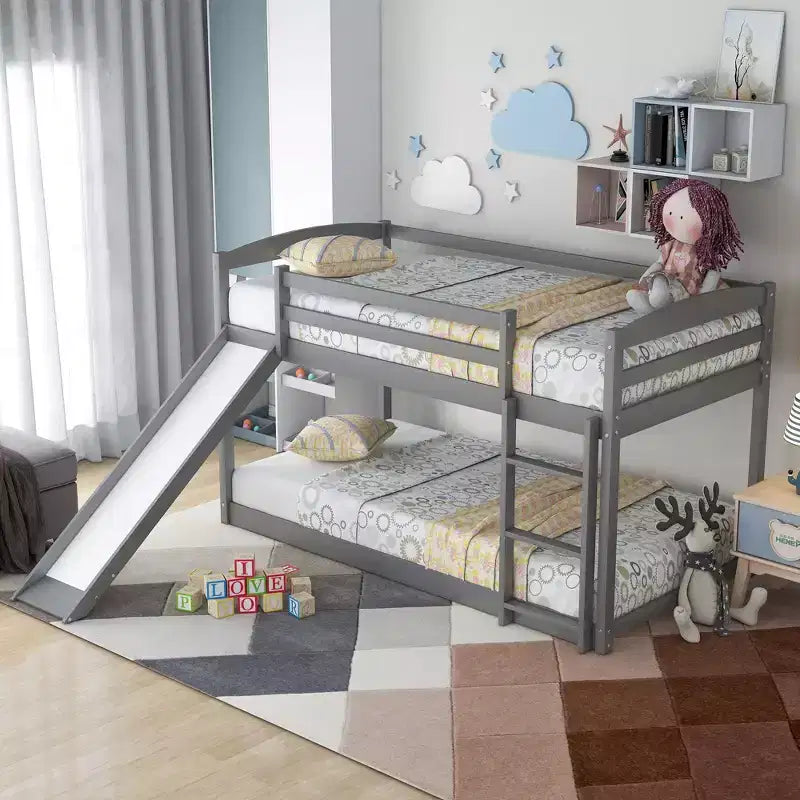 Letto a castello singolo-su-singolo da 201 cm con scaletta, scivolo e sponda di sicurezza, Struttura letto per bambini, Grigio