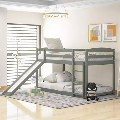 Letto a castello singolo-su-singolo da 201 cm con scaletta, scivolo e sponda di sicurezza, Struttura letto per bambini, Grigio