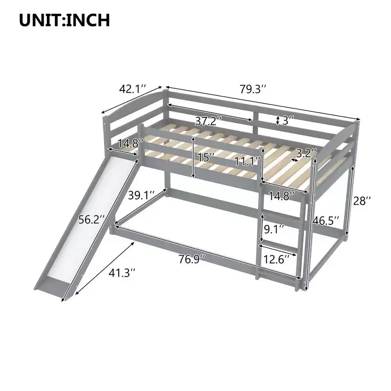 Letto a castello singolo-su-singolo da 201 cm con scaletta, scivolo e sponda di sicurezza, Struttura letto per bambini, Grigio