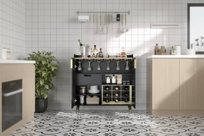 Modern Liquor Cabinet with Wine Rack and Buffet Sideboard, Fluted Glass Doors and Storage Drawers for Kitchen, Dining Room