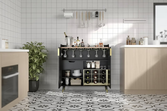Modern Liquor Cabinet with Wine Rack and Buffet Sideboard, Fluted Glass Doors and Storage Drawers for Kitchen, Dining Room