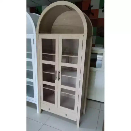 MDF Arch Cabinet with LED Light & Drawers - Natural Wood Finish