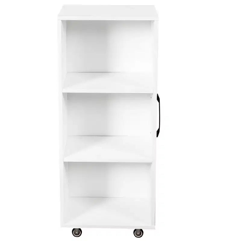 Libreria Scorrevole a 3 Ante, a 3 Ripiani con Cassetti Estraibili e Rotelle, Bianca