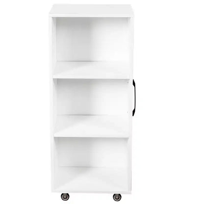 Libreria Scorrevole a 3 Ante, a 3 Ripiani con Cassetti Estraibili e Rotelle, Bianca