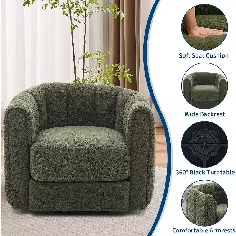 Poltrona con schienale a botte girevole a 360°, in pile Teddy in stile Mid-Century Modern, comfort simile a una nuvola, poltrona con braccioli rotondi