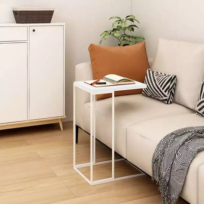 Tavolino a C con ruote, Legno Ingegnerizzato e Struttura in Ferro, Bianco Opaco, Mobile con 4 Ruote