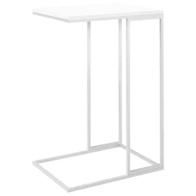 Tavolino a C con ruote, Legno Ingegnerizzato e Struttura in Ferro, Bianco Opaco, Mobile con 4 Ruote