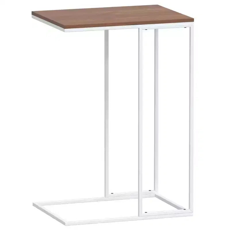 Tavolino a C con ruote, Legno Ingegnerizzato e Struttura in Ferro, Bianco Opaco, Mobile con 4 Ruote