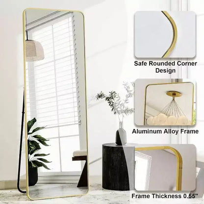 Specchio a figura intera da 56 x 21 pollici con cornice in alluminio dorato dagli angoli arrotondati per soggiorno, camera da letto, guardaroba, specchio da parete o da appoggio