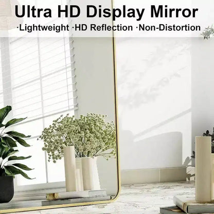 Specchio a figura intera da 56 x 21 pollici con cornice in alluminio dorato dagli angoli arrotondati per soggiorno, camera da letto, guardaroba, specchio da parete o da appoggio