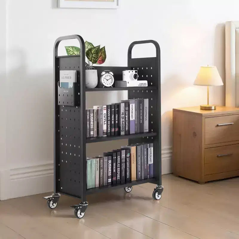 Carrello libreria con ruote, 150 kg, 77x38x122 cm, scaffali a L con ruote bloccabili, nero