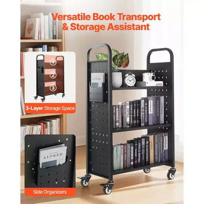 Carrello libreria con ruote, 150 kg, 77x38x122 cm, scaffali a L con ruote bloccabili, nero