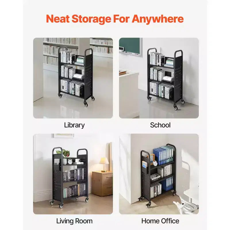 Carrello libreria con ruote, 150 kg, 77x38x122 cm, scaffali a L con ruote bloccabili, nero