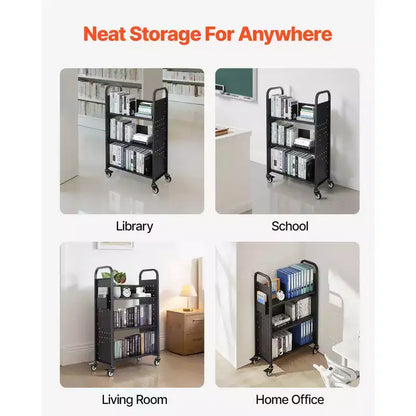 Carrello libreria con ruote, 150 kg, 77x38x122 cm, scaffali a L con ruote bloccabili, nero