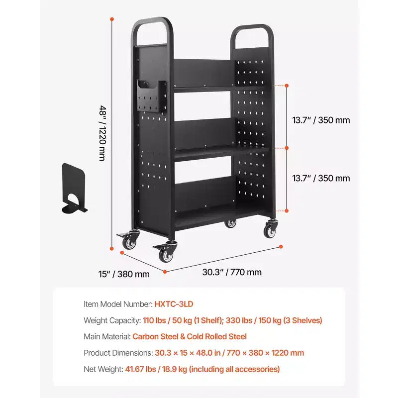 Carrello libreria con ruote, 150 kg, 77x38x122 cm, scaffali a L con ruote bloccabili, nero