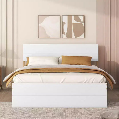Modern Full Size Bed Frame With Twin Size Trundle And 2 Drawers, No Box Spring Needed, Platform Bed Frame For Bedroom, White+Oak