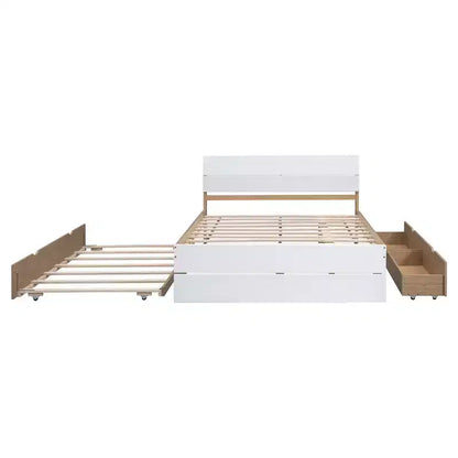 Struttura letto matrimoniale moderna con letto estraibile singolo e 2 cassetti, non necessita di box spring, struttura letto a piattaforma per camera da letto, bianco+rovere