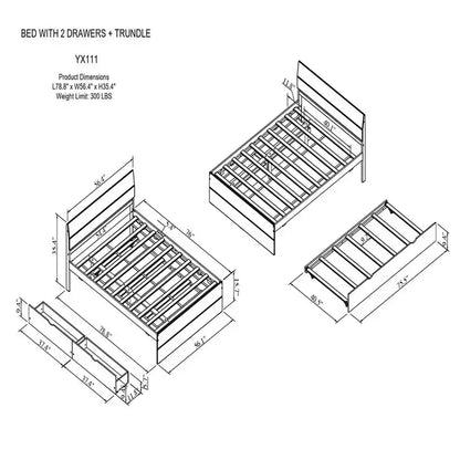 Struttura letto matrimoniale moderna con letto estraibile singolo e 2 cassetti, non necessita di box spring, struttura letto a piattaforma per camera da letto, bianco+rovere