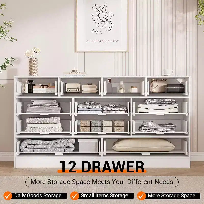 Cassettiera in legno a 12 cassetti e porta TV per televisori fino a 65", larghezza 61", mobile contenitore moderno per camera da letto
