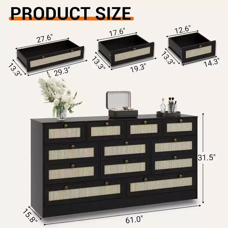 Cassettiera in legno a 12 cassetti e porta TV per televisori fino a 65", larghezza 61", mobile contenitore moderno per camera da letto