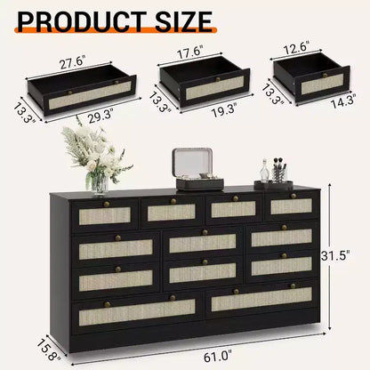 Cassettiera in legno a 12 cassetti e porta TV per televisori fino a 65", larghezza 61", mobile contenitore moderno per camera da letto