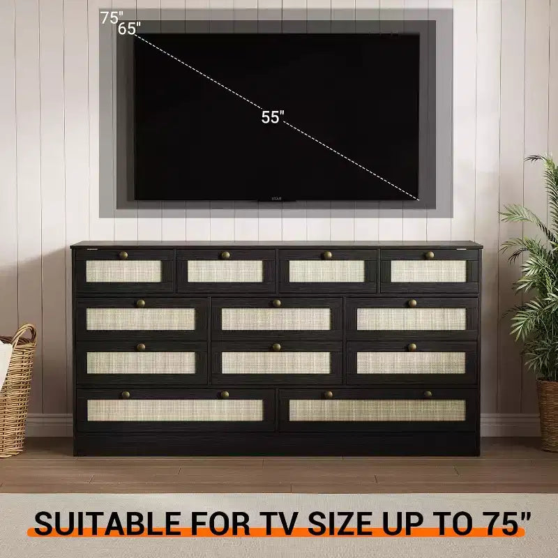 Cassettiera in legno a 12 cassetti e porta TV per televisori fino a 65", larghezza 61", mobile contenitore moderno per camera da letto