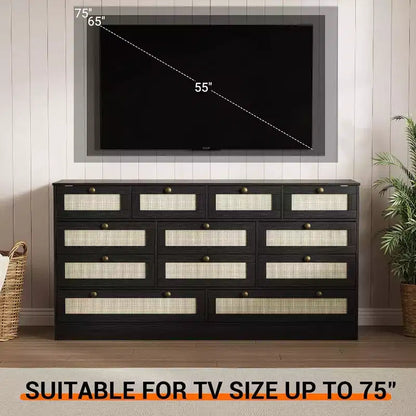Cassettiera in legno a 12 cassetti e porta TV per televisori fino a 65", larghezza 61", mobile contenitore moderno per camera da letto