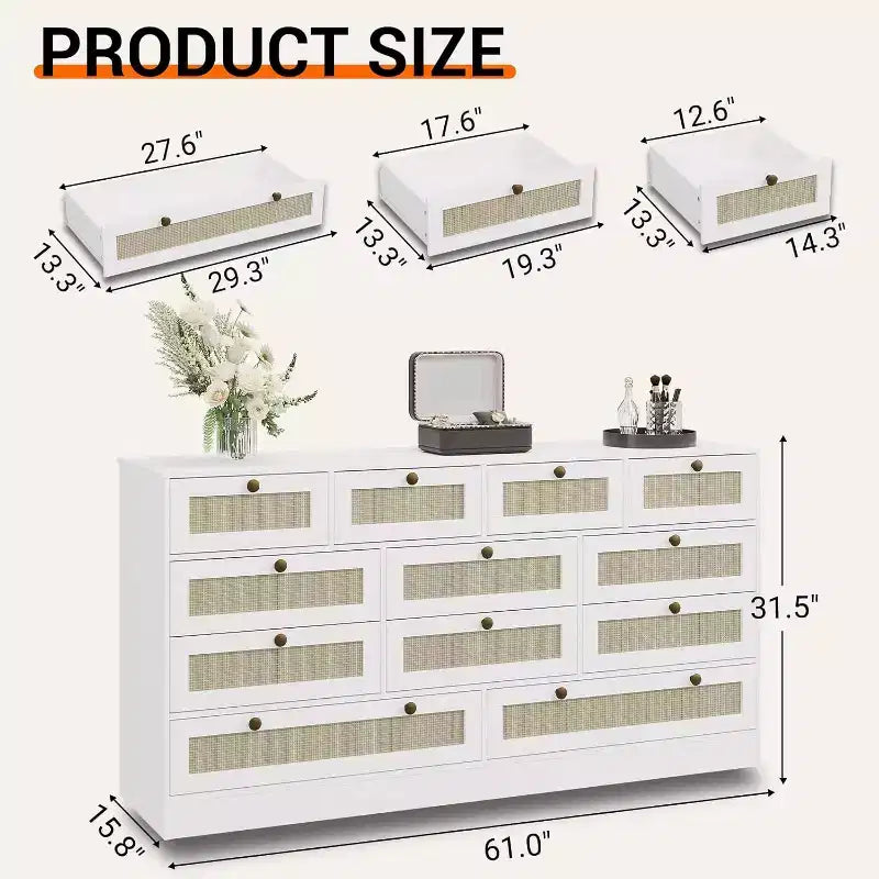 Cassettiera in legno a 12 cassetti e porta TV per televisori fino a 65", larghezza 61", mobile contenitore moderno per camera da letto