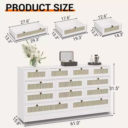 Cassettiera in legno a 12 cassetti e porta TV per televisori fino a 65", larghezza 61", mobile contenitore moderno per camera da letto