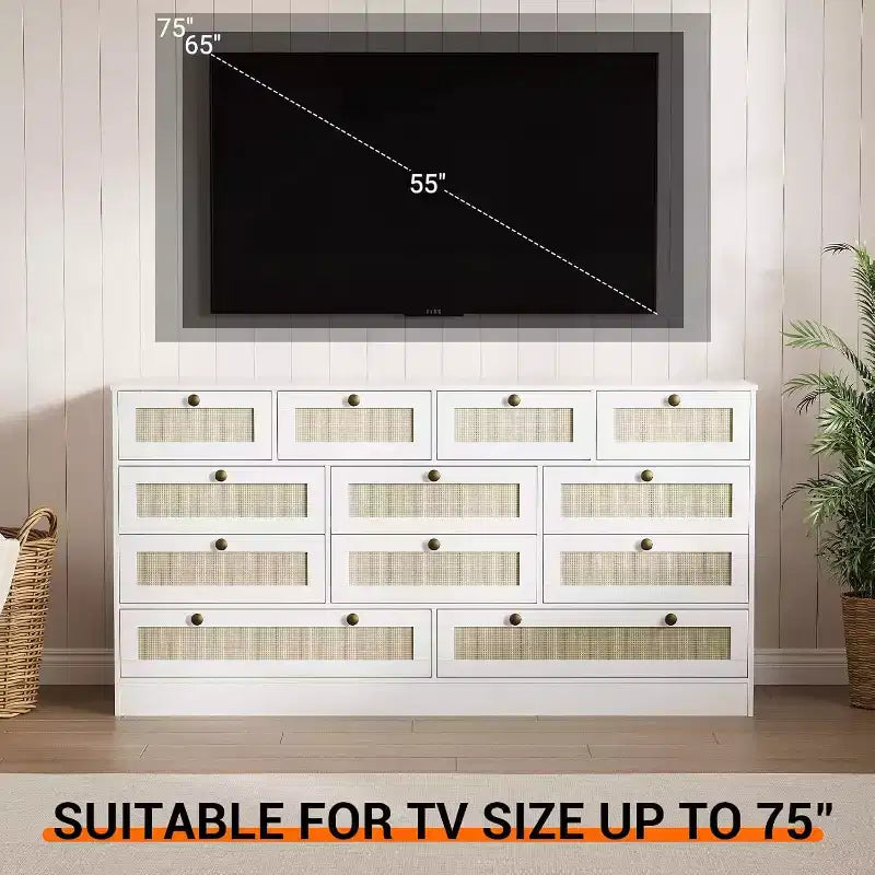 Cassettiera in legno a 12 cassetti e porta TV per televisori fino a 65", larghezza 61", mobile contenitore moderno per camera da letto