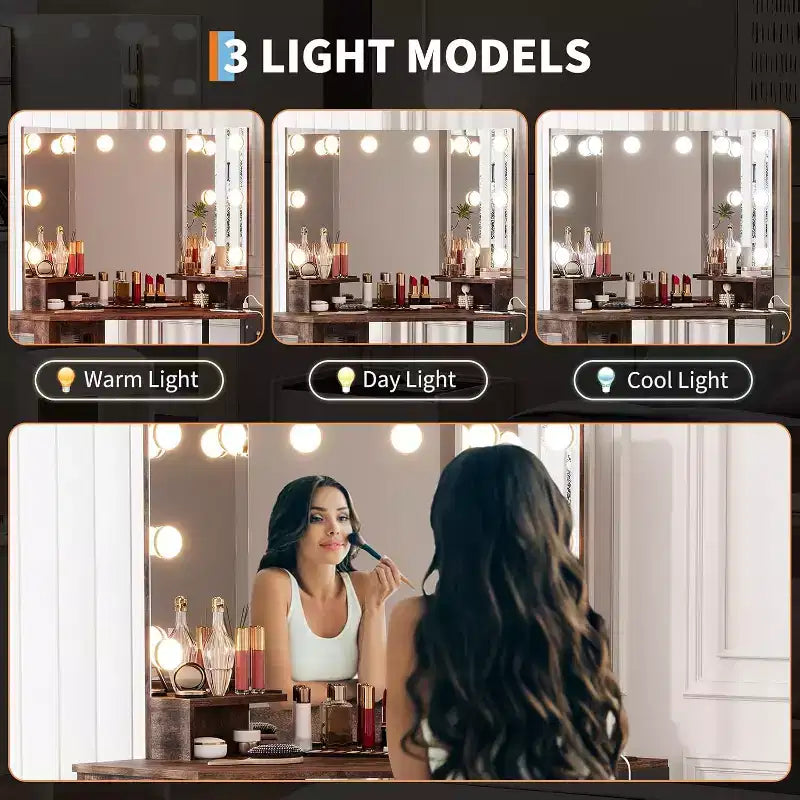 Specchiera Angolare da Comodino - Specchio a 3 Ante con 3 Modalità di Illuminazione, Stazione di Ricarica Integrata con Prese e Porte USB, per Camera da Letto, Studio di Trucco