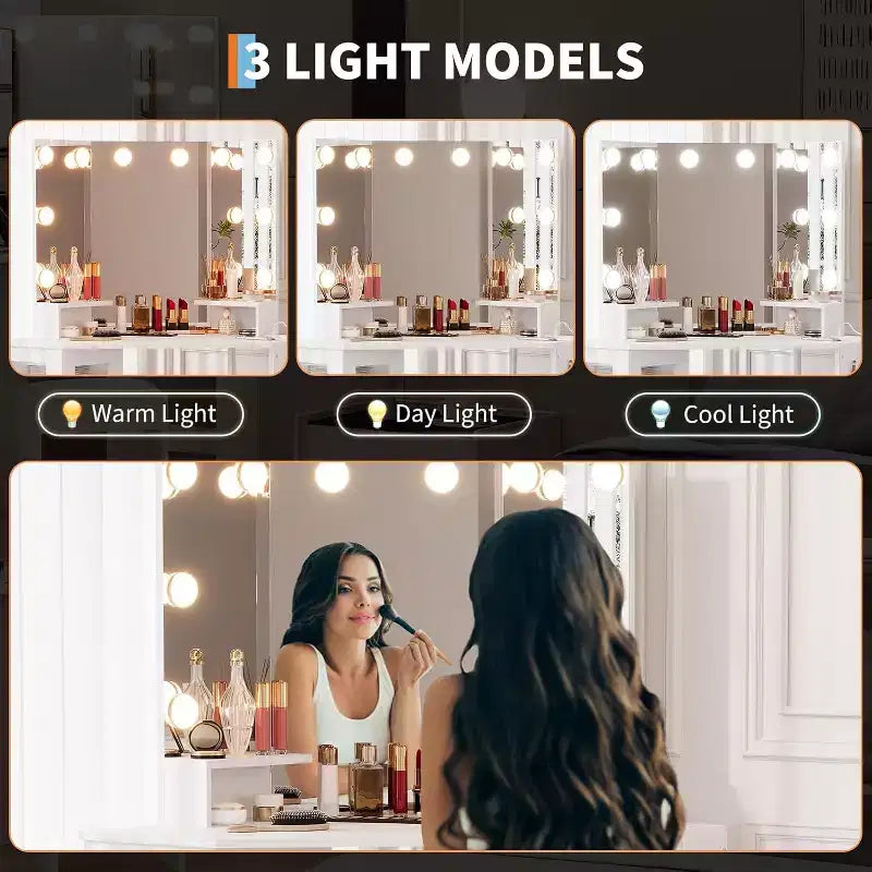 Specchiera Angolare da Comodino - Specchio a 3 Ante con 3 Modalità di Illuminazione, Stazione di Ricarica Integrata con Prese e Porte USB, per Camera da Letto, Studio di Trucco