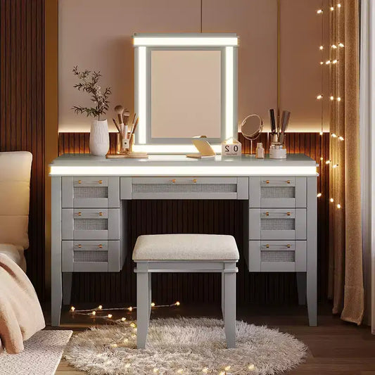 Tocador da trucco da 112,7 cm con specchio a tre ante, 5 cassetti, ripiani aperti e 2 armadietti