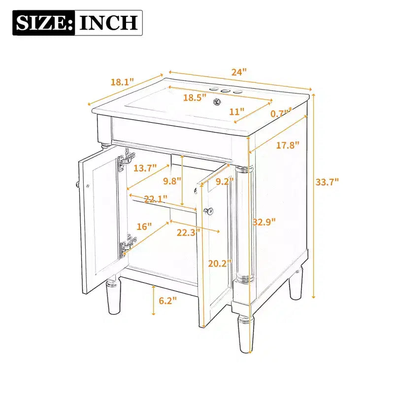 Mobile bagno da 60 cm con lavabo, armadietto da bagno con 2 ripiani, mobile da bagno in legno autoportante