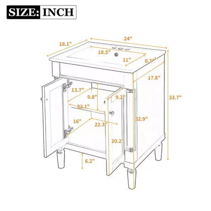 Mobile bagno da 60 cm con lavabo, armadietto da bagno con 2 ripiani, mobile da bagno in legno autoportante