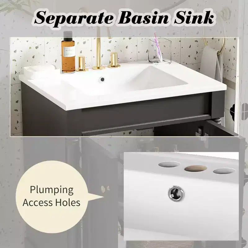 Mobile bagno da 60 cm con lavabo, armadietto da bagno con 2 ripiani, mobile da bagno in legno autoportante