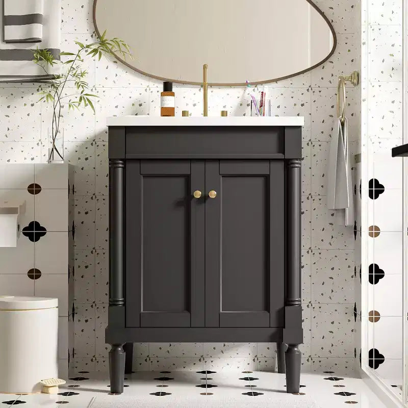 24 Small Bathroom Vanity with Sink, Bathroom Storage Cabinet with 2-Tier Shelves, Wood Bathroom Cabinets Freestanding