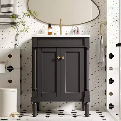 24 Small Bathroom Vanity with Sink, Bathroom Storage Cabinet with 2-Tier Shelves, Wood Bathroom Cabinets Freestanding