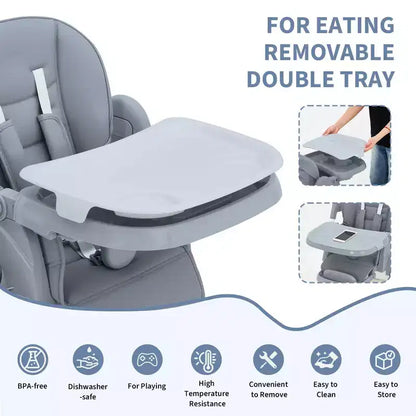 Seggiolone Pappa Pieghevole per Bambini con Imbracatura a 5 Punti - Altezza Regolabile, Vassoio Rimovibile e Ruote Bloccabili, Seggiolone Portatile in Pelle PU (Grigio Scuro)